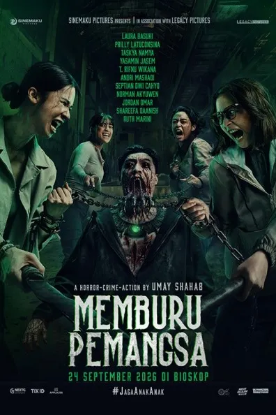 Poster resmi Memburu Pemangsa (2026): empat perempuan menarik rantai yang membelit seorang pria berwajah berdarah di ruangan bernuansa hijau.