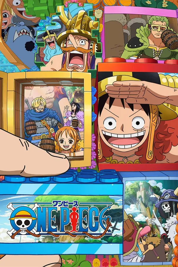 Poster resmi One Piece, key visual arc Elbaph (2026): Luffy tertawa lebar dengan telapak tangan di dahi seperti sedang memandang jauh, di antara bingkai-bingkai bergaya mainan balok berisi kru Topi Jerami berkostum ala Viking, dengan logo ONE PIECE di bagian bawah