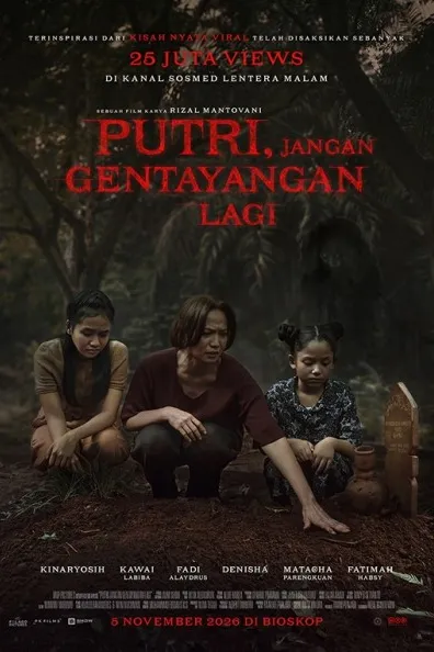 Poster resmi Putri, Jangan Gentayangan Lagi (2026): seorang ibu dan dua anak perempuan berlutut di samping makam bernisan kayu di tengah hutan