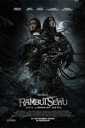Poster resmi Rambut Sewu: Satu Langkah Getih (2026): sosok perempuan dengan rambut panjang menjuntai menyelubungi para pemeran berlatar gelap, judul putih di bawah dan tanggal 5 November 2026