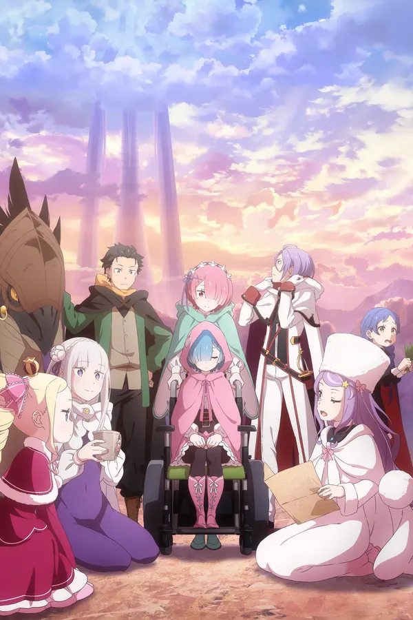 Poster resmi Re:ZERO -Starting Life in Another World-, key visual Season 4 (2026): Subaru, Emilia, Beatrice, Ram, Rem di kursi roda, dan tokoh lain berkumpul di padang tandus di bawah langit senja dengan menara di kejauhan