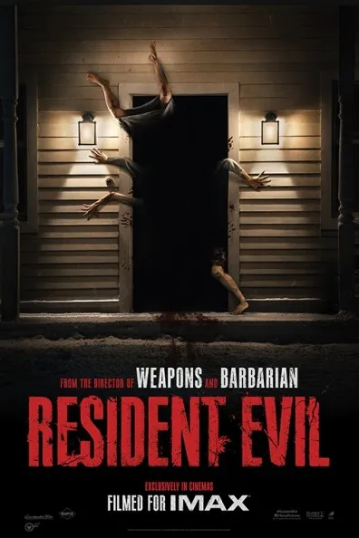 Poster resmi Resident Evil (2026): pintu rumah yang terbuka gelap dengan tangan dan kaki makhluk mencuat dari dalamnya di bawah dua lampu dinding