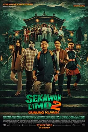Poster resmi Sekawan Limo 2: Gunung Klawih (2026): lima sekawan berdiri di tangga batu depan bangunan tua di gunung pada malam hari dengan barisan sosok demit di belakang mereka, judul hijau SEKAWAN LIMO 2 dan keterangan 27 Mei 2026 di bioskop