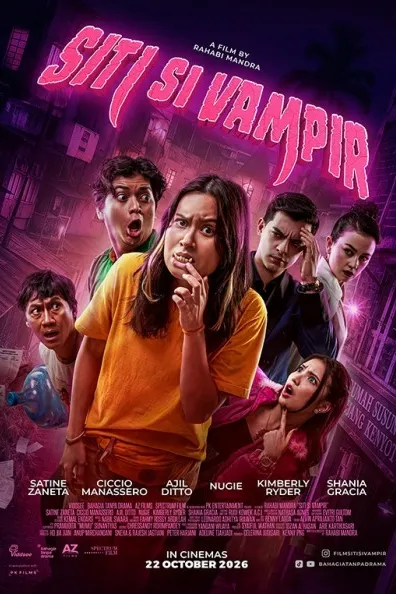 Poster resmi Siti Si Vampir (2026): perempuan berkaus kuning bertaring menggigit kuku, dikelilingi lima pemain berwajah kaget di depan rumah susun