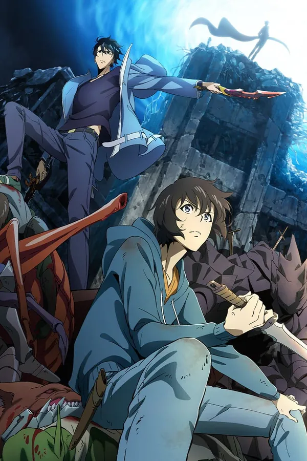 Poster resmi Solo Leveling, key visual musim pertama (2024): Sung Jinwoo berjaket biru duduk memegang belati di reruntuhan kota penuh bangkai monster, dengan sosok lain menghunus belati di atasnya dan pusaran biru di langit