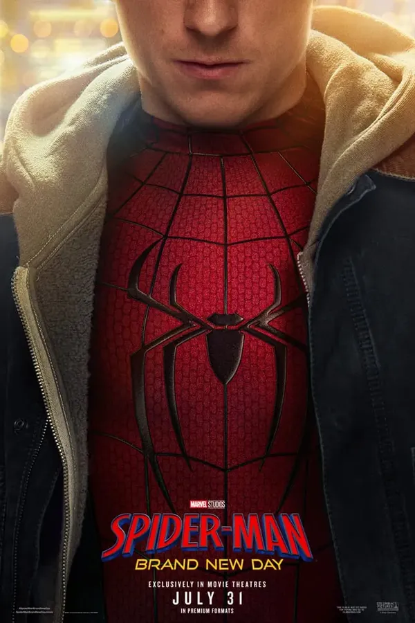 Poster resmi Spider-Man: Brand New Day (2026): dada Peter Parker berkostum Spider-Man merah berlogo laba-laba hitam di balik jaket dan hoodie