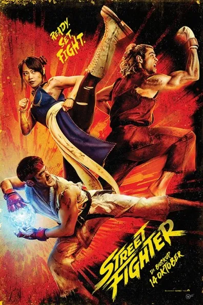 Poster resmi Street Fighter (2026) versi Indonesia: Chun-Li, Ken, dan Ryu bertarung dengan latar merah menyala, bertuliskan di bioskop 14 Oktober