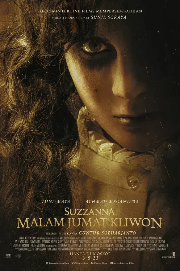 Poster resmi Suzzanna: Malam Jumat Kliwon (2023): wajah Luna Maya sebagai Suzzanna berambut ikal dalam nuansa cokelat keemasan, bertuliskan hanya di bioskop 3-8-23