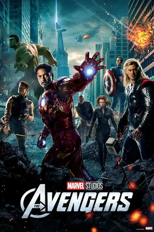 Poster resmi The Avengers (2012): Iron Man mengulurkan tangan di depan Hulk, Hawkeye, Nick Fury, Black Widow, Captain America, dan Thor di tengah kota yang hancur
