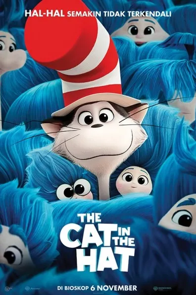 Poster resmi The Cat in the Hat (2026) versi Indonesia: si Kucing bertopi garis merah putih tersenyum di tengah kerumunan makhluk berbulu biru, bertuliskan di bioskop 6 November