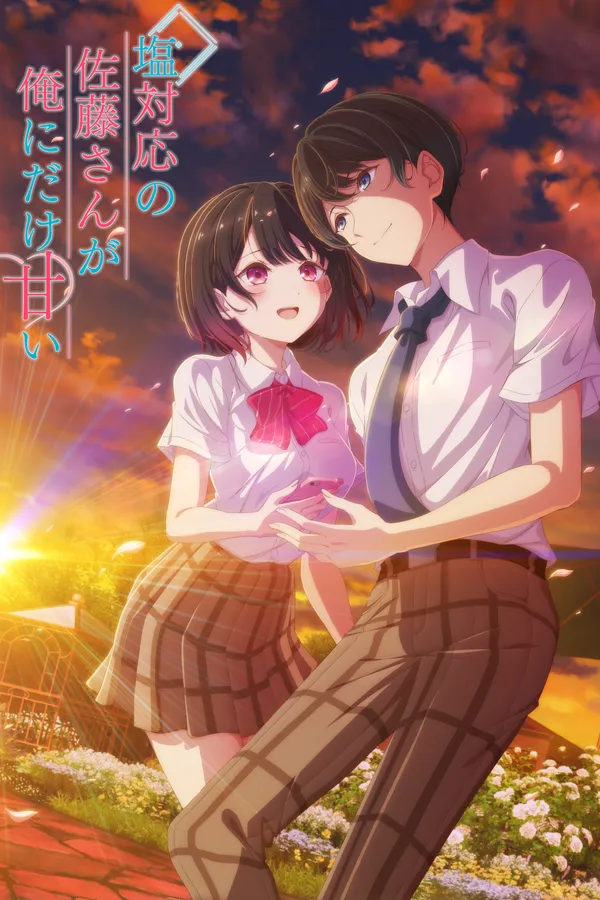 Poster resmi The Cold Sato-san is Only Sweet to Me (2026): Koharu Sato tersipu menggandeng tangan Oshio di depan langit senja, dengan judul Jepang di sudut kiri atas