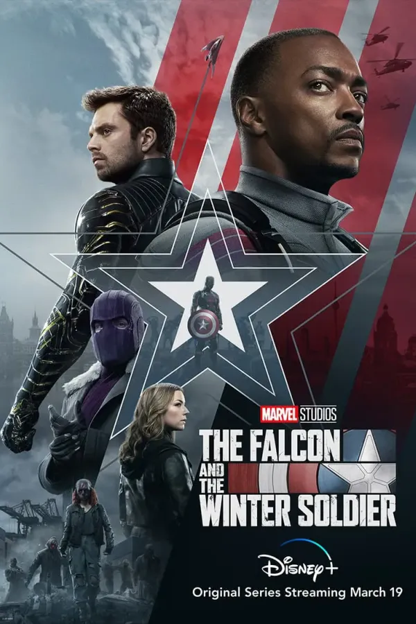 Poster resmi The Falcon and The Winter Soldier (2021): Sam Wilson dan Bucky Barnes berdiri di depan bintang perisai dan garis merah putih bersama tokoh lain, judul di kanan bawah