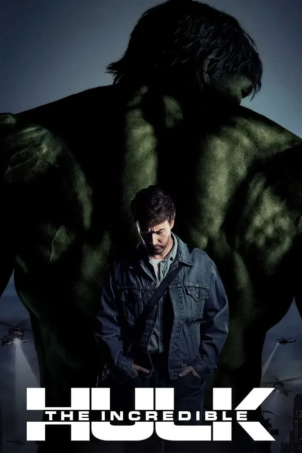 Poster resmi The Incredible Hulk (2008): Bruce Banner berjaket denim menunduk di depan siluet punggung Hulk yang raksasa, dengan helikopter di kejauhan