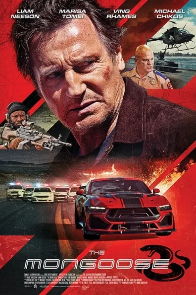 Poster resmi The Mongoose (2026): wajah Liam Neeson di atas latar merah, dengan tentara bersenjata, helikopter, dan mobil sport merah yang dikejar mobil polisi.