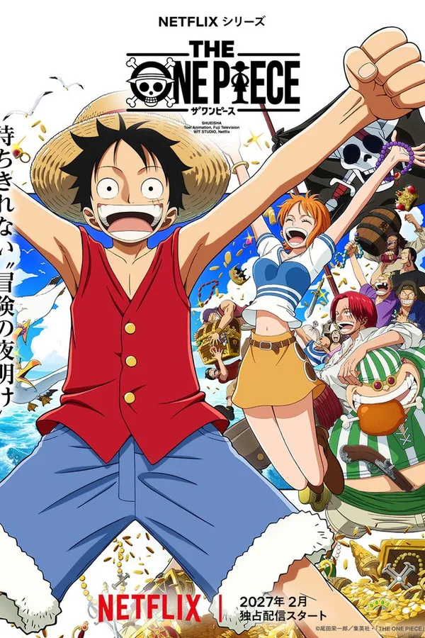 Poster resmi THE ONE PIECE (2027): Luffy merentangkan tangan dan kaki dengan gembira, bersama Nami, Shanks, dan awak Bajak Laut Rambut Merah berlatar laut biru