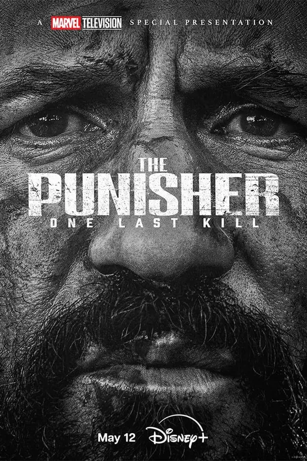 Poster resmi The Punisher: One Last Kill (2026): wajah Frank Castle berjanggut dalam bidikan dekat hitam putih, judul THE PUNISHER One Last Kill di tengah dan keterangan May 12 Disney+