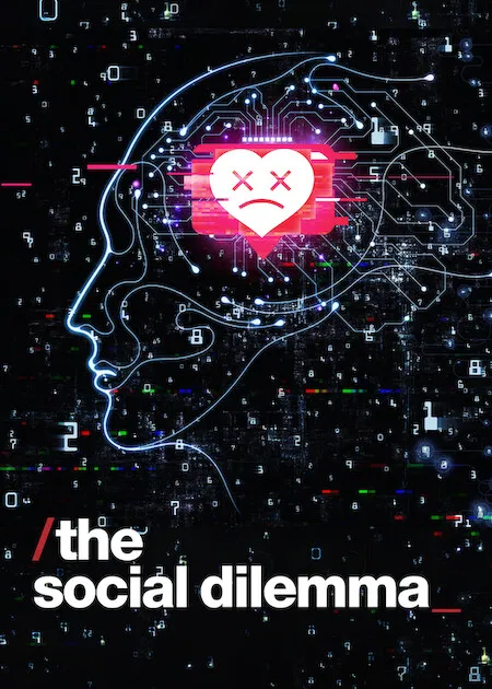 Poster resmi The Social Dilemma (2020): garis wajah manusia dari rangkaian sirkuit bercahaya dengan ikon hati merah bermata silang di kepalanya, judul berhuruf putih di bagian bawah.