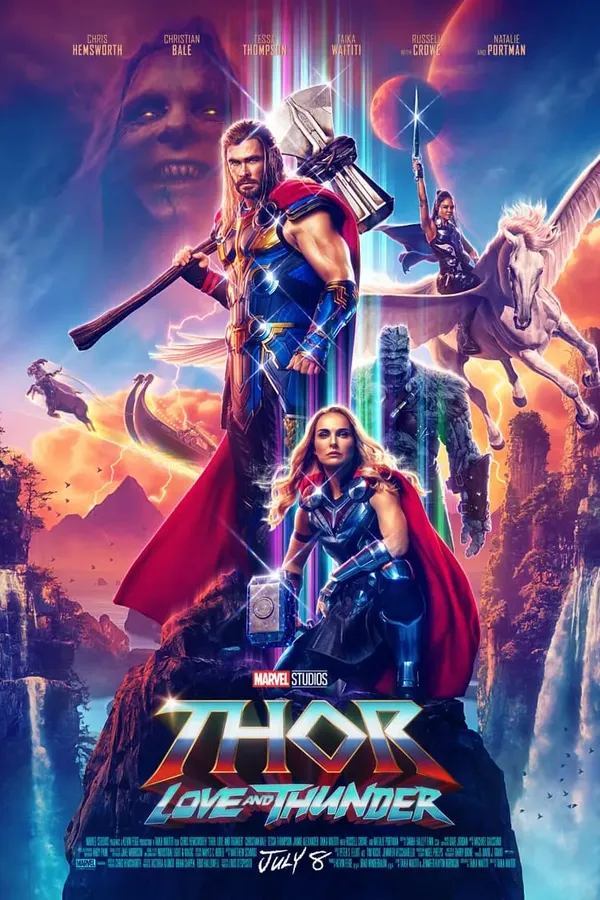 Poster resmi Thor: Love and Thunder (2022): Thor memanggul kapak di depan wajah Gorr yang membayang di latar, dengan Mighty Thor di bawahnya, Valkyrie menunggang kuda bersayap, dan langit warna-warni.