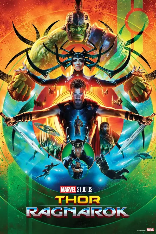 Poster resmi Thor: Ragnarok (2017): Thor merentangkan tangan sambil memegang dua pedang di tengah, dikelilingi Hulk, Hela, dan Loki dengan latar warna-warni bergaya retro.