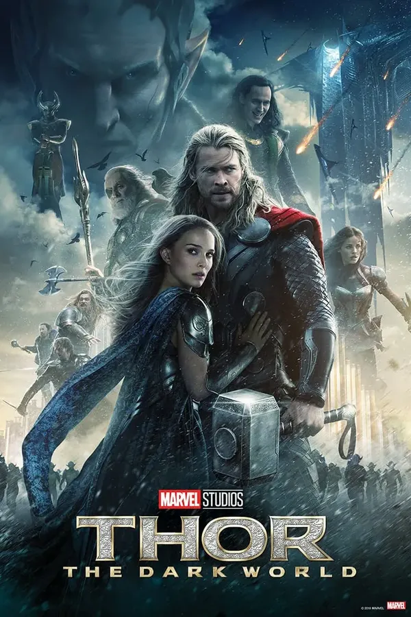 Poster resmi Thor: The Dark World (2013): Thor memegang palu Mjolnir bersama Jane Foster, dengan Loki dan pasukan Asgard di latar yang gelap.