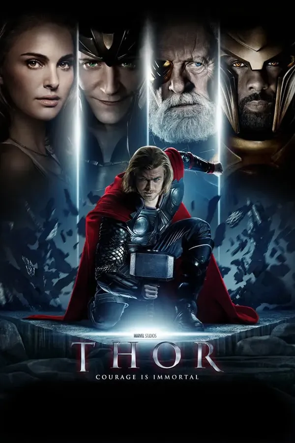 Poster resmi Thor (2011): Thor berjubah merah berlutut memegang palu, di bawah wajah Jane Foster, Loki, Odin, dan Heimdall.