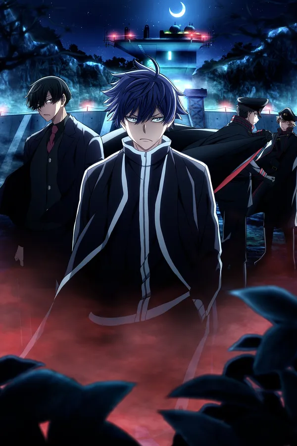Poster resmi Tougen Anki: Nikko Kegon Falls Arc (2026): Shiki Ichinose berjaket hitam bergaris putih berdiri di depan sekelompok tokoh berbaju gelap di bawah bulan sabit pada malam hari
