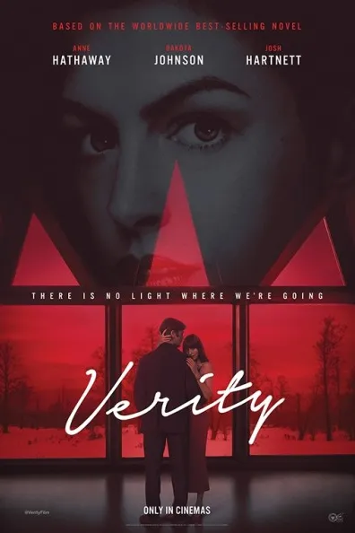 Poster resmi Verity (2026): wajah Anne Hathaway di bagian atas, dengan sepasang tokoh berpelukan di depan jendela besar berlatar merah dan judul bertulisan tangan.