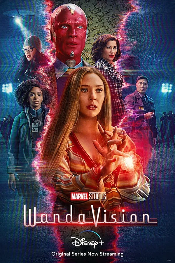 Poster resmi WandaVision (2021): Wanda Maximoff dengan sihir merah dan Vision di atasnya, dikelilingi tokoh-tokoh lain dalam gaya televisi lintas zaman, judul WandaVision di bawah