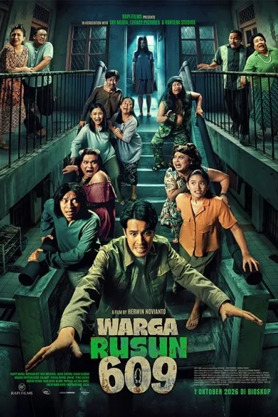 Poster resmi Warga Rusun 609 (2026): para penghuni rumah susun ketakutan di tangga dan lorong, dengan sosok perempuan berambut panjang di ujung lorong.