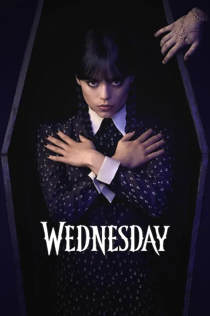 Poster resmi Wednesday (2022): Jenna Ortega sebagai Wednesday Addams menyilangkan tangan di dalam peti mati berdiri, tangan Thing di sudut atas, judul WEDNESDAY berhuruf putih.