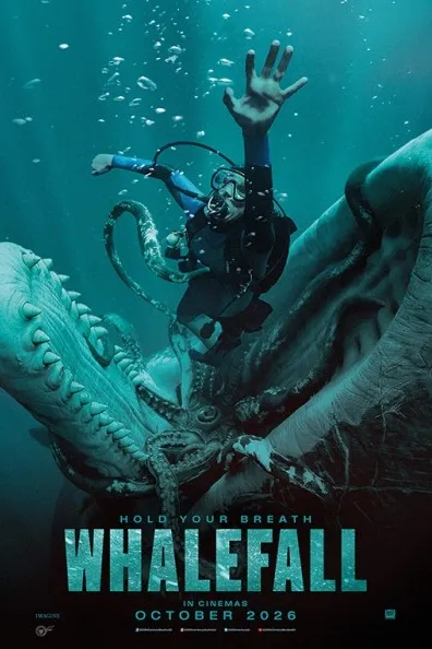 Poster resmi Whalefall (2026) versi rilis Indonesia: penyelam mengulurkan tangan ke atas di dalam air, di antara rahang bergigi paus raksasa dan tentakel cumi-cumi, dengan tulisan In Cinemas October 2026.