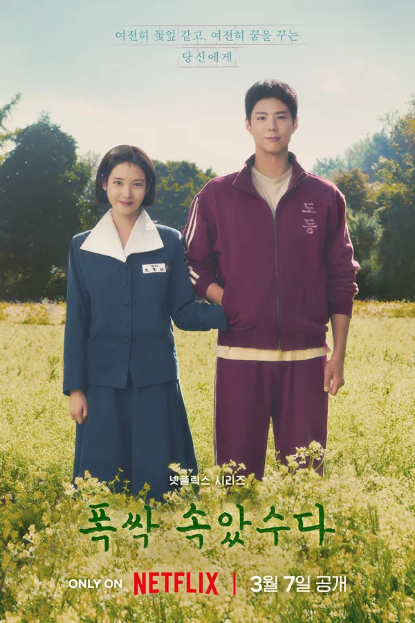 Poster resmi When Life Gives You Tangerines (2025): IU berseragam biru dan Park Bo-gum berjaket merah marun berdiri bergandengan di padang bunga kuning, dengan judul Korea 폭싹 속았수다 dan tanggal tayang 7 Maret di Netflix