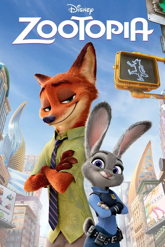 Poster resmi Zootopia (2016): Nick Wilde si rubah berkemeja hijau dan Judy Hopps si kelinci polisi berdiri bersedekap di jalanan kota Zootopia.